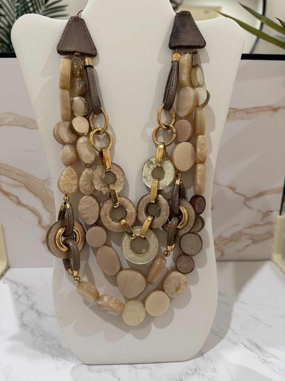Chico’s Neutral Multi-Strand Layered Disc Statement Necklace Gold Tone